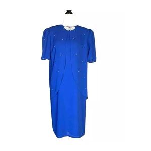 Vintage 80s Cocktail Blue Crepe Beaded Dress by Le Maison Carroll